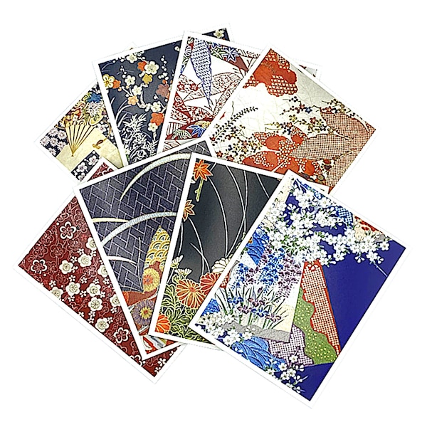Vintage zijden kimono-kaartset, Japanse wenskaartset, 8 blanco kaarten met fotokunst en 9 witte enveloppen