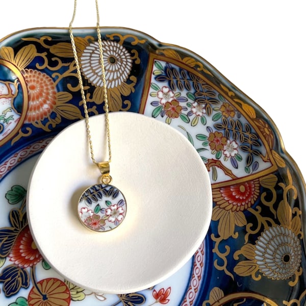 Gold Imari Arita Porcelain Necklace with Floral China Pendant, Upcycled Artisan China Jewelry Gift handmade with Vintage Japanese Ceramics