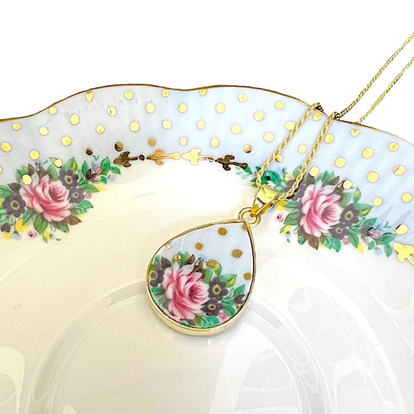 Rare Vintage Royal Albert China Necklace with Rose China Pendant, Unique Broken China Jewelry Gift for Wife for 20th Wedding Anniversary