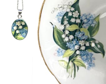 Lily of the Valley & Forget Me Not China Necklace with Vintage Royal Albert China, Broken China Jewelry 20th Anniversary Gift for Wife