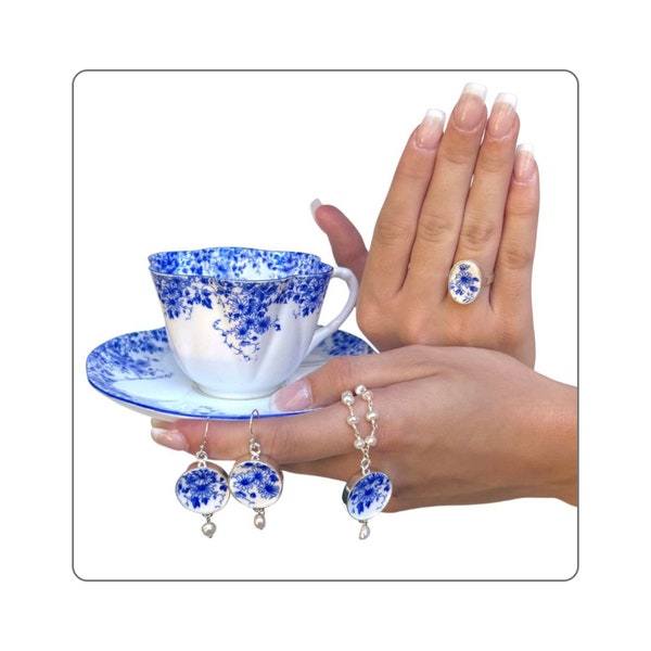 Vintage Dainty Blue Shelley hecho a mano joyería de China rota & China taza de té y platillo, regalo de porcelana inglesa para su 20 aniversario