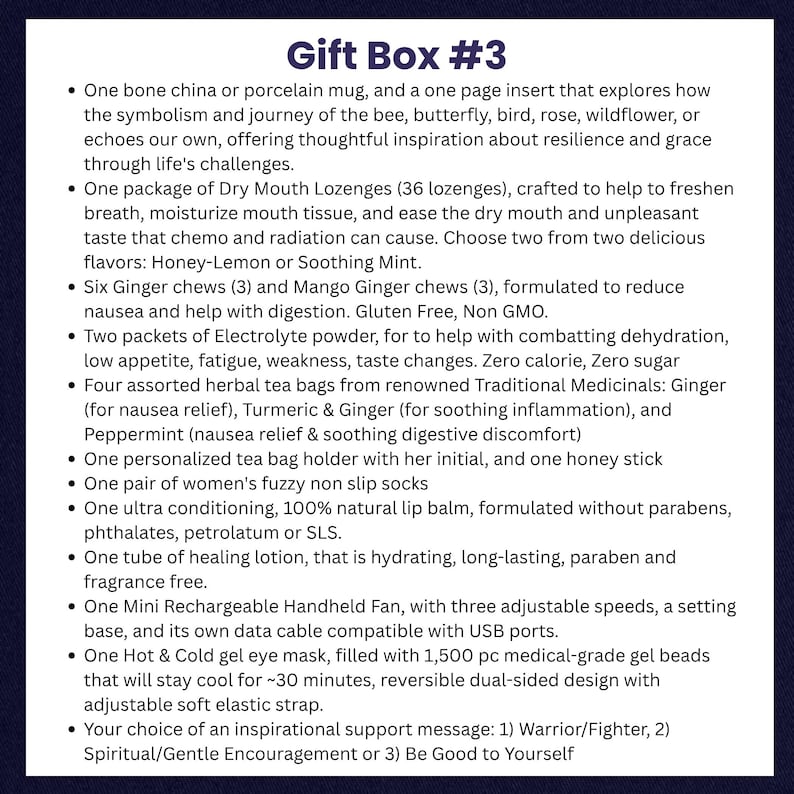 Puede incluir: Caja de regalo n.&ordm; 3 que incluye una taza de porcelana, pastillas, caramelos de jengibre, polvo de electrolitos, bolsitas de t&eacute; de hierbas, un soporte para bolsitas de t&eacute;, calcetines afelpados, b&aacute;lsamo labial, loci&oacute;n curativa, un mini ventilador y una m&aacute;scara para los ojos.