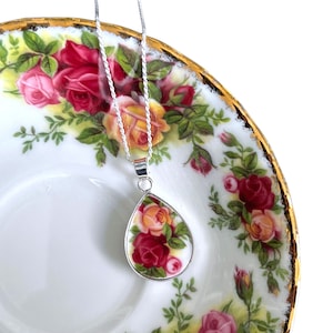 Royal Albert Old Country Roses Broken China Jewelry Necklace with Unique China Pendant, Handmade China Gift for Her 20th Wedding Anniversary
