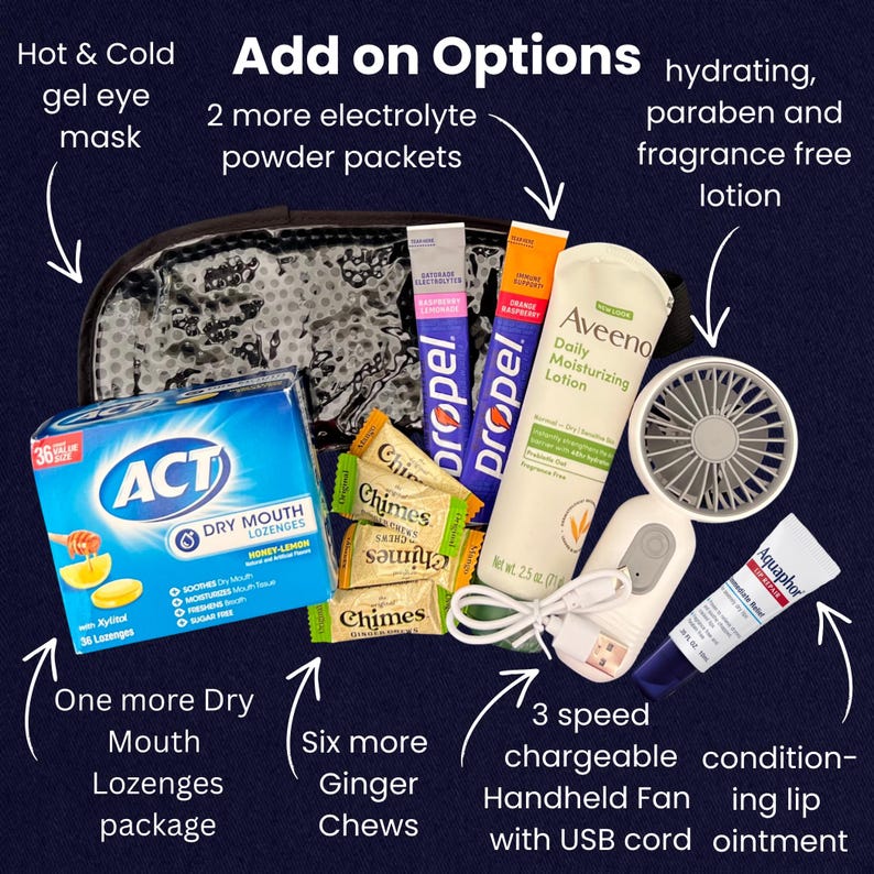 Peut inclure: Un assortiment d'articles de bien-&ecirc;tre de format voyage, comprenant un masque pour les yeux chaud et froid, des sachets de poudre d'&eacute;lectrolytes, une lotion, un ventilateur portable, un baume &agrave; l&egrave;vres, des pastilles pour la bouche s&egrave;che et des bonbons au gingembre.