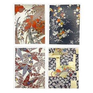 Pode incluir: Quatro impress&otilde;es de arte retangulares com padr&otilde;es florais e geom&eacute;tricos de inspira&ccedil;&atilde;o japonesa. As impress&otilde;es apresentam uma variedade de cores, incluindo vermelho, laranja, azul e branco, com detalhes e texturas intrincados.