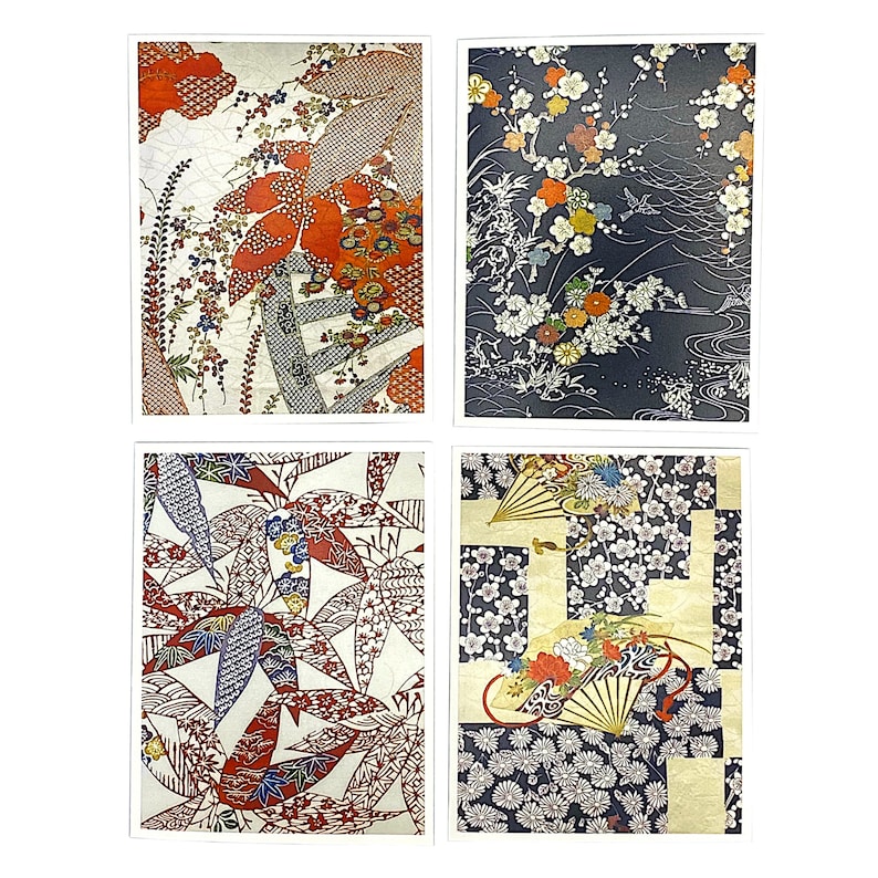 Pode incluir: Quatro impress&otilde;es de arte retangulares com padr&otilde;es florais e geom&eacute;tricos de inspira&ccedil;&atilde;o japonesa. As impress&otilde;es apresentam uma variedade de cores, incluindo vermelho, laranja, azul e branco, com detalhes e texturas intrincados.