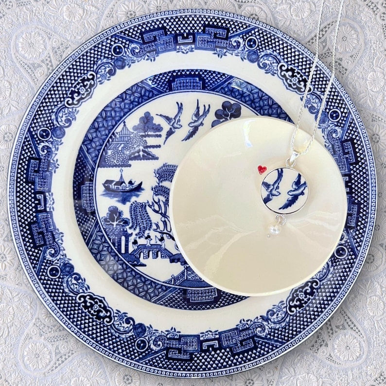 Vintage Love Birds Necklaces handmade with Upcycled Blue Willow China, Thoughtful Broken China Jewelry 18th 20th Anniversary Gift for Wife image 4