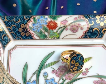 Dainty Teal and Gold Floral China Ring, Gold Aesthetic Rings handmade with Upcycled Porcelain, Autumn Eclectic Jewelry 18th Anniversary Gift