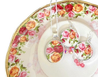 Royal Albert Old Country Roses Peach Blossom Broken China Jewelry, OCR Collectible China Necklace & Earrings 20th Anniversary Gift for Wife