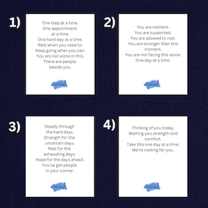 Peut inclure: Quatre cartes blanches avec des messages inspirants sur un fond bleu fonc&eacute;. Chaque carte pr&eacute;sente un message diff&eacute;rent, comme "Un pas &agrave; la fois" et "Vous &ecirc;tes r&eacute;silient." Chaque carte a un petit motif bleu &agrave; l'aquarelle en bas.
