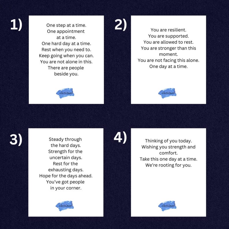 Peut inclure: Quatre cartes blanches avec des messages inspirants sur un fond bleu fonc&eacute;. Chaque carte pr&eacute;sente un message diff&eacute;rent, comme "Un pas &agrave; la fois" et "Vous &ecirc;tes r&eacute;silient." Chaque carte a un petit motif bleu &agrave; l'aquarelle en bas.