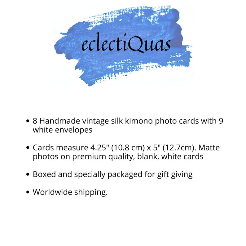 Pode incluir: A imagem apresenta o texto "eclectiQuas" acima de uma lista de cart&otilde;es de fotos de quimono de seda vintage feitos &agrave; m&atilde;o. Os cart&otilde;es medem 10,8 cm x 12,7 cm e v&ecirc;m com envelopes brancos. As fotos foscas est&atilde;o em cart&otilde;es brancos em branco.