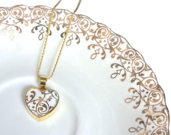 Intricate Gold Heart China Necklace handmade with Upcycled Royal Albert China, Romantic Broken China Jewelry 18th Porcelain Anniversary Gift