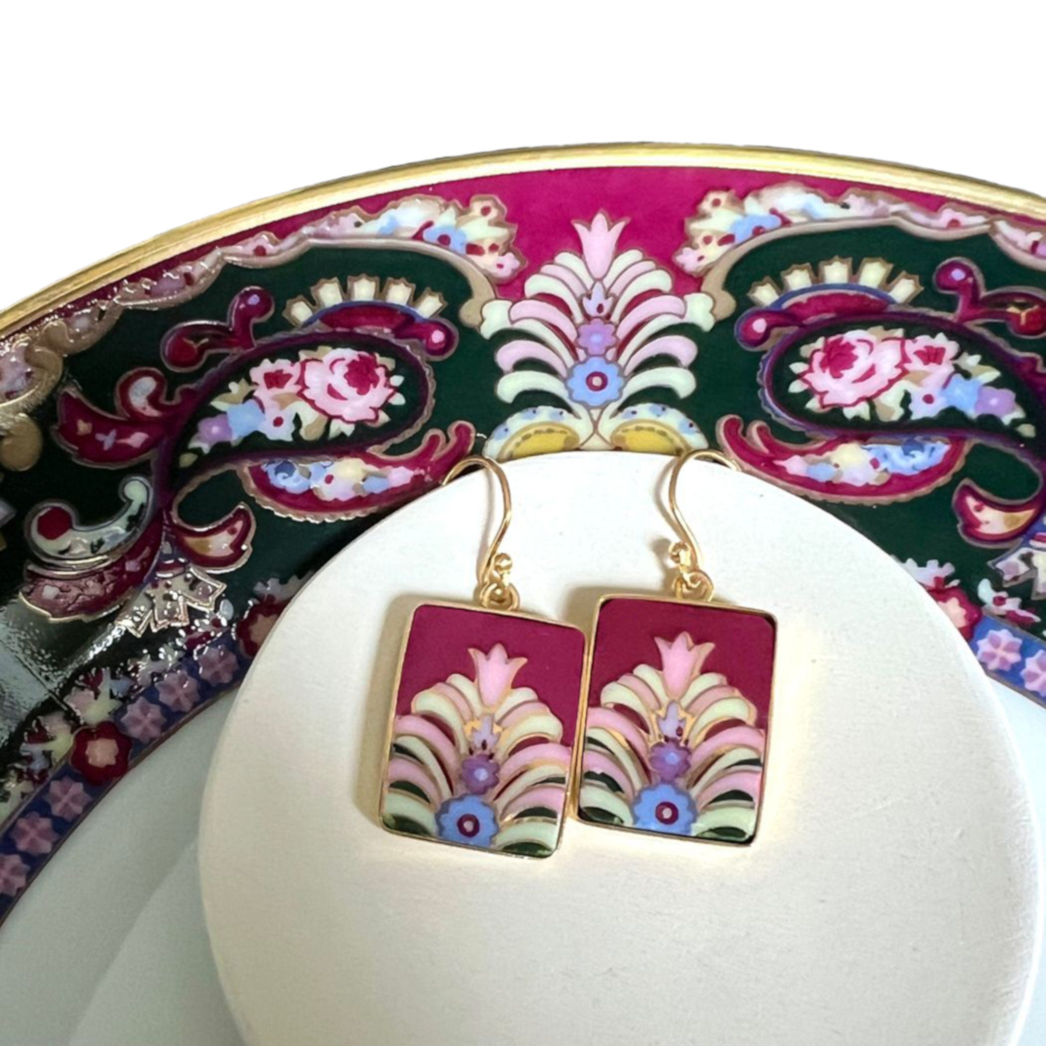 Art Deco Style Rectangle China Earrings handmade with Upcycled Porcelain, Vintage Magenta Floral China Jewelry Autumn Birthday Gift for Her