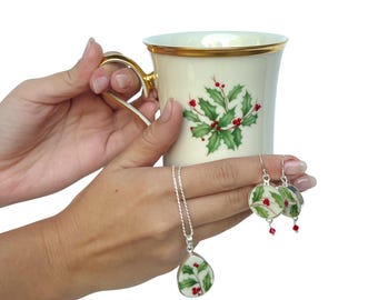 Vintage Lenox Holiday China Tea Coffee Mug & Matching Christmas Broken China Jewelry Set, Best Holiday Gifts, Unique Christmas Gift for Her