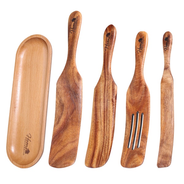 Wooden Spurtle Set, 5Pcs Natural Teak with Spoon Rest Heat Resistant Non Stick Wood Cookware Spatula for Easy Stirring Mixing & Spreader