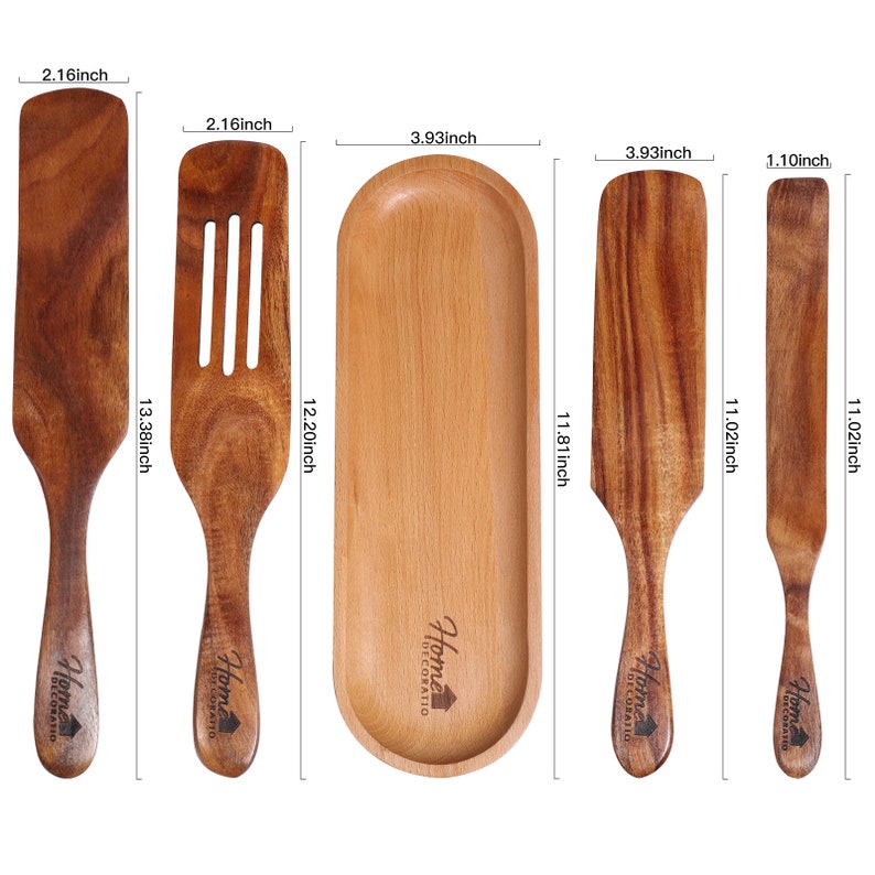 Wooden Spurtle Set 5pcs Natural Teak With Spoon Rest Heat | Etsy