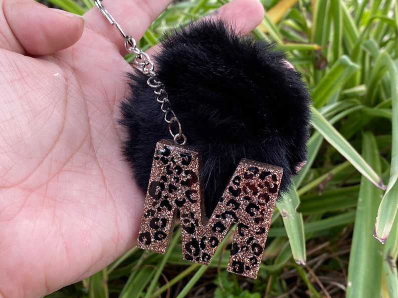 Leopard Glitter Resin Alphabet Keychain WITH POM POM Keychain glitter keychain Letter initial keychain