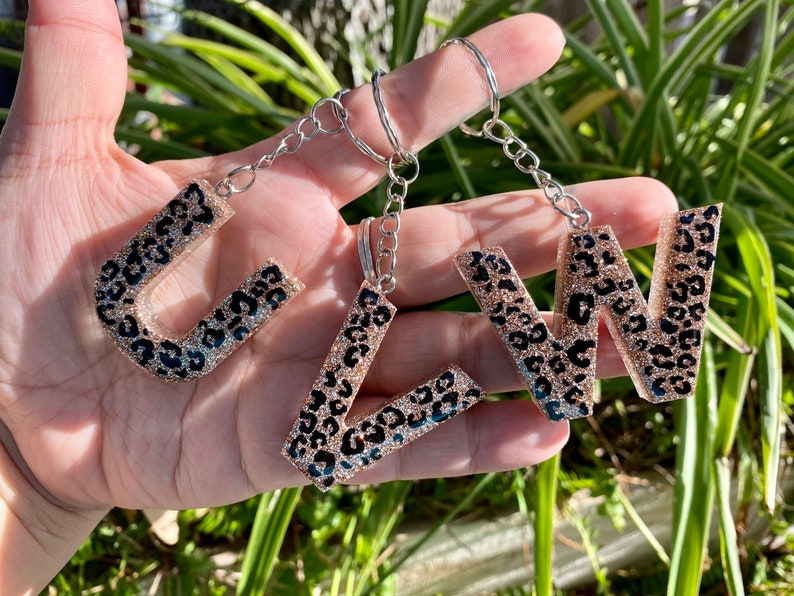 Leopard Glitter Resin Alphabet Keychain WITH POM POM Keychain glitter keychain Letter initial keychain