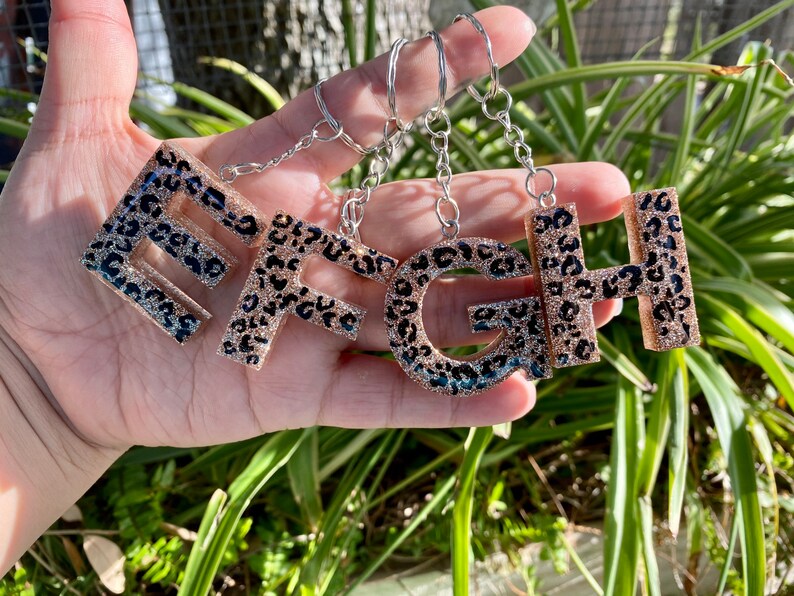 Leopard Glitter Resin Alphabet Keychain WITH POM POM Keychain glitter keychain Letter initial keychain