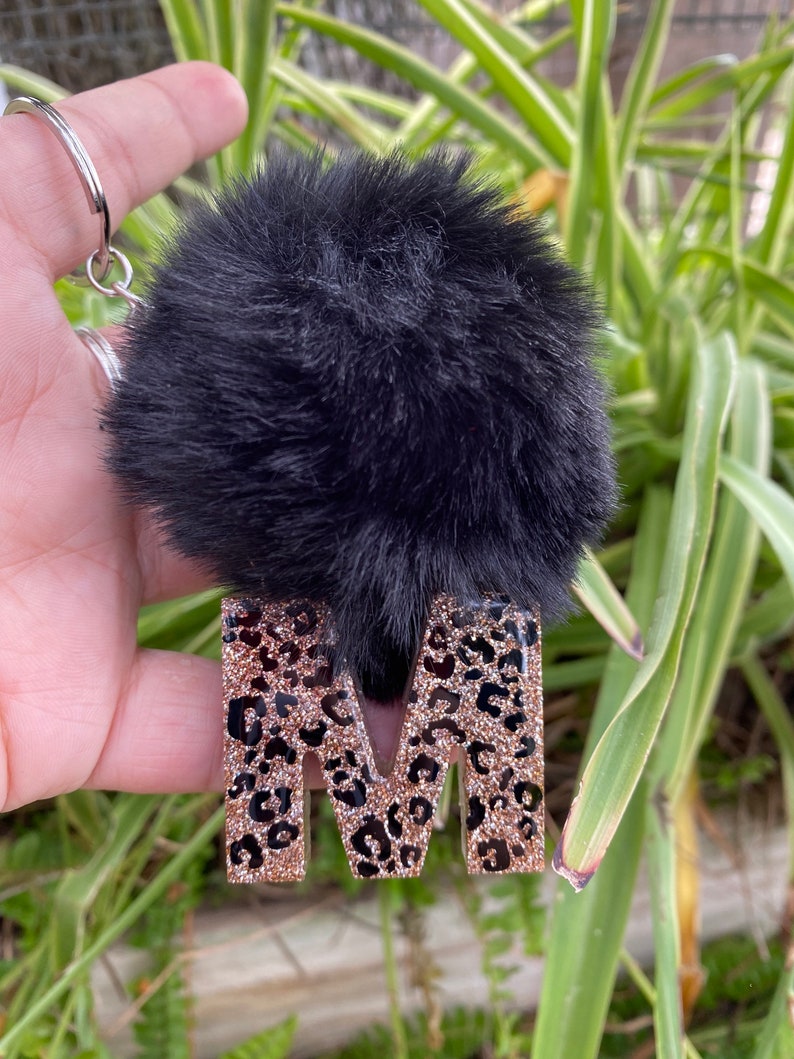 Leopard Glitter Resin Alphabet Keychain WITH POM POM Keychain glitter keychain Letter initial keychain