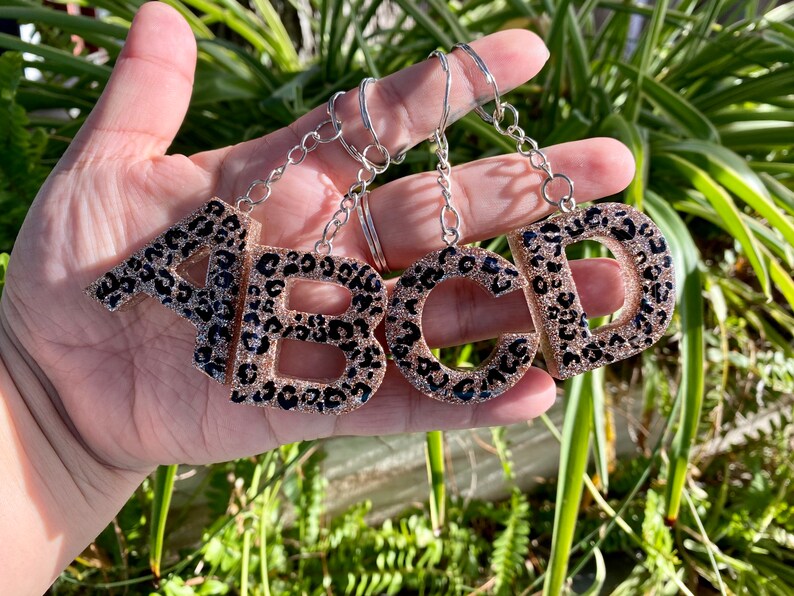 Leopard Glitter Resin Alphabet Keychain WITH POM POM Keychain glitter keychain Letter initial keychain