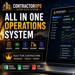 Peut inclure: Un écran d'ordinateur portable affiche un tableau de bord pour un système d'exploitation de contracteur. L'interface présente des données financières, des états de projets et des aperçus des revenus. Le texte comprend "ALL IN ONE OPERATIONS SYSTEM".