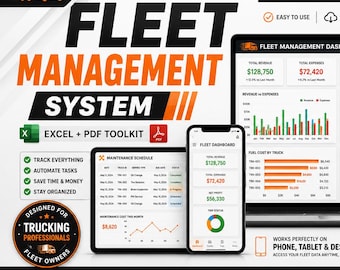 Puede incluir: Gráfico de un sistema de gestión de flotas todo en uno con un portátil, una tableta y un smartphone que muestran paneles. El diseño incluye gráficos e iconos para el seguimiento del combustible, el mantenimiento y los informes de beneficios.