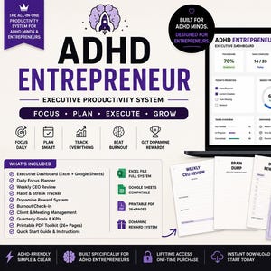 Peut inclure: Produit numérique "ADHD Entrepreneur" avec un ordinateur portable et une tablette affichant des tableaux de bord de productivité. Inclut un kit d'outils PDF imprimable, des fichiers Excel et la compatibilité Google Sheets. Concentrez-vous sur la planification, l'exécution et la croissance.
