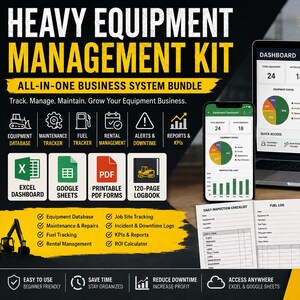 May include: A heavy equipment management kit featuring a laptop and smartphone displaying digital dashboards, alongside printed inspection checklists, a fuel log, a rental agreement, and a spiral-bound heavy equipment maintenance logbook.