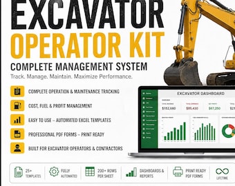 Puede incluir: Un kit para operadores de excavadoras con más de 25 plantillas PDF y Excel de gestión. La imagen muestra una excavadora amarilla, un portátil con un panel de control, un teléfono inteligente con seguimiento de combustible y un formulario.