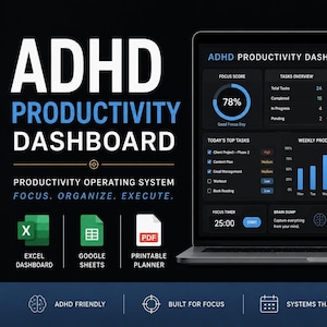 Op de afbeelding: Een laptopscherm toont een ADHD Productiviteitsdashboard met grafieken. Het dashboard bevat secties voor focusscore, taken en een gewoontetracker. De tekst bevat "Productivity Operating System" en "Focus. Organise. Execute."