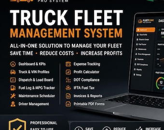 Puede incluir: Un ordenador portátil que muestra el panel de control de gestión de flotas de camiones Fleetcore Pro System con datos financieros, gráficos y alertas de mantenimiento. La pantalla muestra el texto Truck Fleet Management System.
