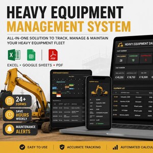 Könnte beinhalten: Ein System zur Verwaltung schwerer Geräte, dargestellt auf einem Laptop- und Smartphone-Bildschirm. Das Dashboard zeigt Flottenübersicht, Wartungspläne und Gerätelisten mit Daten. Text beinhaltet HEAVY EQUIPMENT MANAGEMENT SYSTEM.