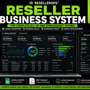 Peut inclure: Un tableau de bord numérique Reseller Business System affiché sur un écran d'ordinateur portable et de smartphone, présentant des graphiques financiers, des suivis d'inventaire et des données de vente avec des étiquettes pour les revenus et profits.
