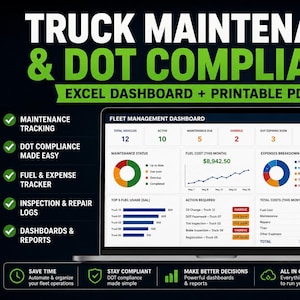 Pode incluir: Um ecrã de computador portátil exibe um painel de controlo de gestão de frota com gráficos. O texto diz "Truck Maintenance & DOT Compliance" e "Excel Dashboard + Printable PDF Forms". Os ícones indicam funcionalidades como o acompanhamento da manutenção e o acompanhamento das despesas com combustível. Um camião está no fundo.