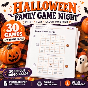 Peut inclure: Un ensemble de jeu de bingo Halloween imprimable comprenant 30 cartes. Le document présente deux grilles de bingo avec des étiquettes telles que Ghost, Witch et Pumpkin, ainsi qu'un espace libre. Design aux accents orange et noir.