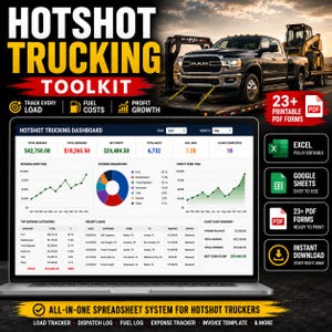 May include: A digital Hotshot Trucking Toolkit dashboard displayed on a laptop screen, featuring financial charts, revenue, expense, and profit data. The image includes a black Ram truck towing a trailer and icons for Excel, Google Sheets, and PDF files.