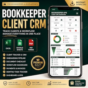 Peut inclure: Un tableau de bord numérique de gestion de la relation client pour comptables affiché sur un écran de smartphone, présentant des graphiques de données, des suivis de statut client et des listes de tâches. L'interface utilise un schéma de couleurs vert foncé et blanc.