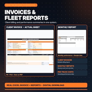 May include: A digital template for invoices and fleet reports featuring a professional client invoice layout and a monthly performance summary. The document includes fields for billing details, trip records, and cost overviews, designed for digital download and editing.