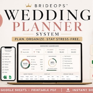 Peut inclure: Un système de planification de mariage numérique avec un ordinateur portable, un smartphone et des icônes pour le suivi du budget, les listes d'invités et les listes de contrôle. Le design comprend le texte "WEDDING PLANNER SYSTEM" et "PLAN. ORGANIZE. STAY STRESS-FREE."