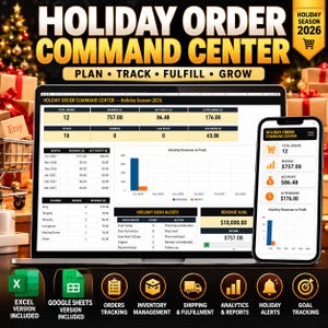 Peut inclure: Un tableau de bord numérique intitulé Holiday Order Command Center affiché sur un écran d'ordinateur portable et de smartphone. L'interface présente des tableaux de données pour les commandes, les revenus, les bénéfices et les montants en attente, ainsi qu'un graphique à barres des revenus mensuels par rapport aux bénéfices et une section d'alertes de rush. Des icônes pour Excel, Google Sheets et le suivi sont en bas.