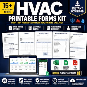 Peut inclure: Un kit numérique de plus de 15 formulaires HVAC imprimables comprenant des bons de travail, factures, devis, listes de contrôle de maintenance et rapports d'intervention. Inclut un suivi de tâches pour ordinateur et mobile, Excel, Sheets et PDF.