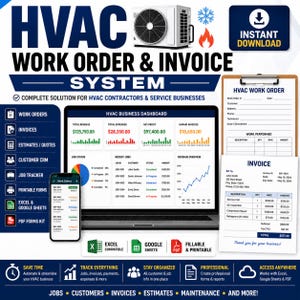 Peut inclure: Un modèle numérique de système de bons de travail et de factures CVC comprenant un ordinateur portable et un smartphone affichant un tableau de bord, ainsi qu'un formulaire de bon de travail et une facture, avec des icônes de compatibilité.
