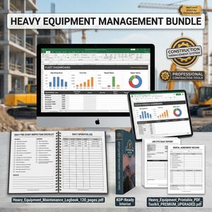 May include: A digital heavy equipment management bundle featuring a computer monitor and tablet displaying fleet dashboards with charts, a spiral-bound daily inspection logbook, a maintenance logbook, and printable PDF job site and rental record forms.