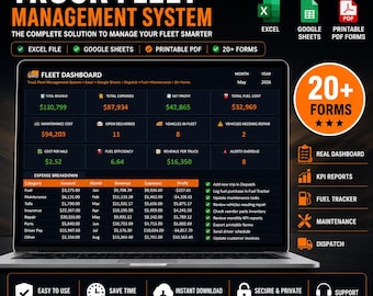 Truck Fleet Management System Excel & Google Sheets Dashboard Trucking Dispatch Fuel Maintenance Tracker Printable PDF Forms
