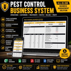 Peut inclure: Un système de gestion d'entreprise de lutte antiparasitaire affiché sur un écran d'ordinateur portable et de smartphone. L'interface présente des bilans financiers, le revenu mensuel et des données clients. Des icônes illustrent les fonctionnalités.