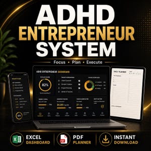 ADHD Entrepreneur System | Excel Dashboard & Printable PDF Planner | Neurodivergent Productivity Toolkit