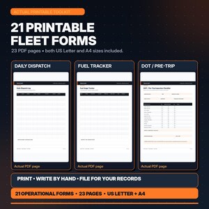 May include: A digital toolkit containing 21 printable fleet forms across 23 PDF pages in US Letter and A4 sizes. Includes templates for Daily Dispatch, Fuel Tracker, and DOT Pre-Trip Inspection checklists with white backgrounds and black text.
