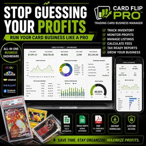 May include: Card Flip Pro trading card business manager software displayed on a laptop and mobile device. The dashboard shows profit, revenue, and inventory data. Three graded trading cards are positioned in the foreground with icons for Excel, Google Sheets, and PDF compatibility.